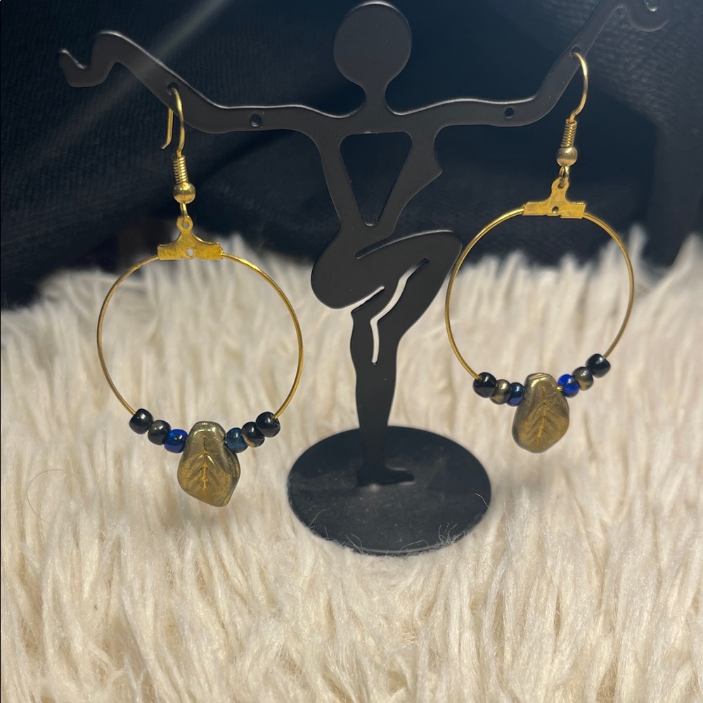 Handmade Elegant Gold and Blue Leaf Hoop Earrings